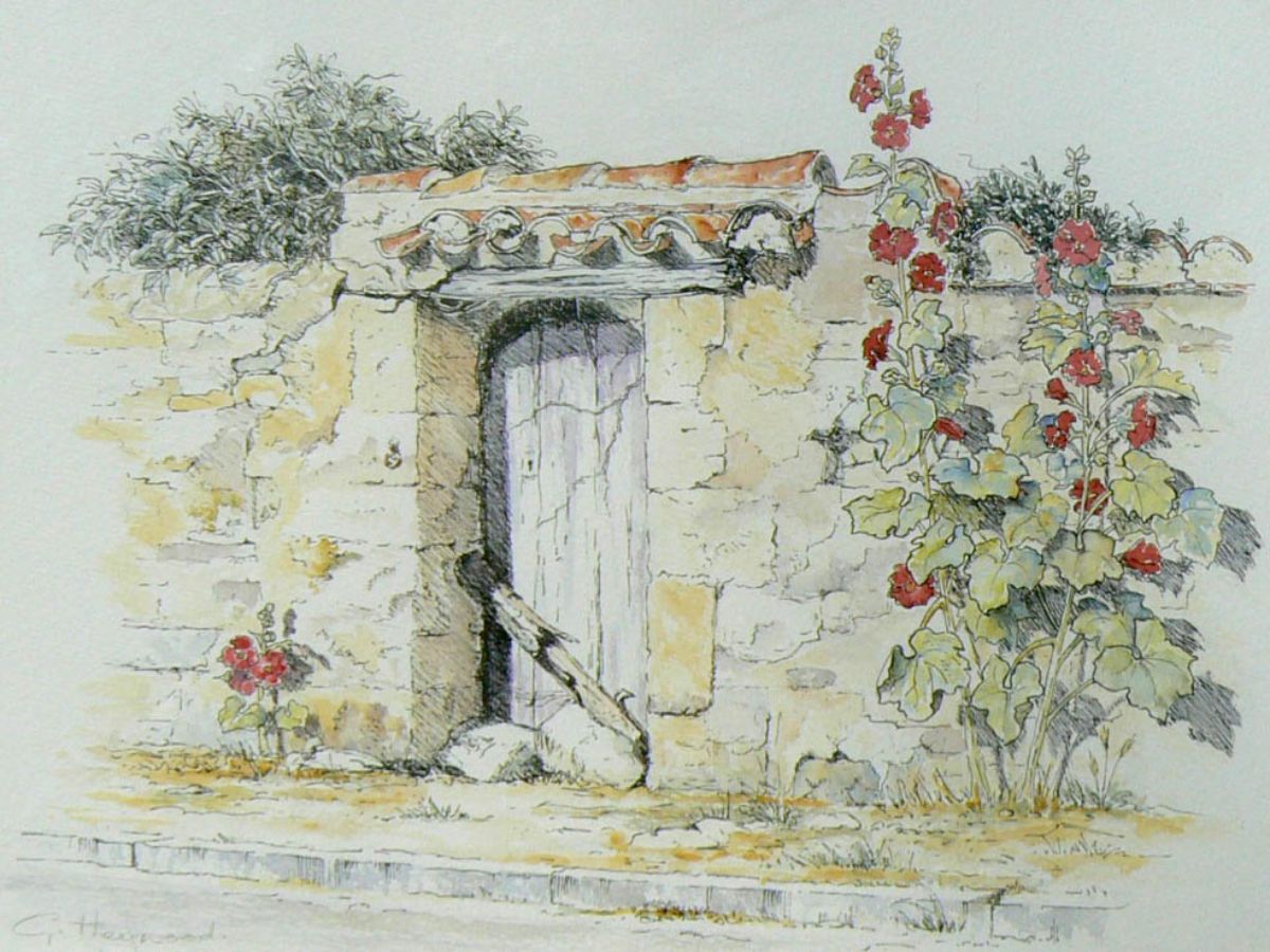 Gillian Heywood Hollyhocks and Archway