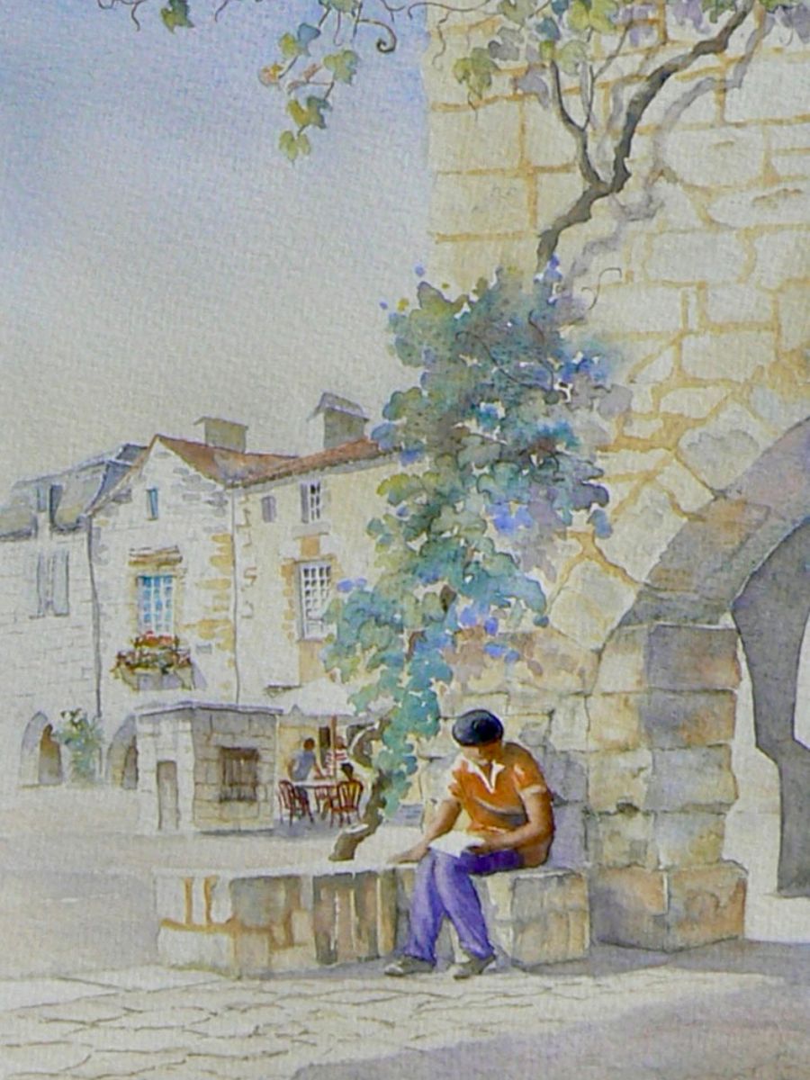 Gillian Heywood Artist - Reading the news in Monpazier